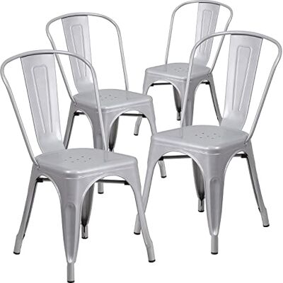 Flash Furniture Set van 4 stapelstoelen van metaal, voor binnen en buiten, van rubber, kunststof, kleur zilver, 4 stuks Flash Furniture Set van 4 stapelstoelen van metaal, voor binnen en buiten, van rubber, kunststof, kleur zilver, 4 stuks