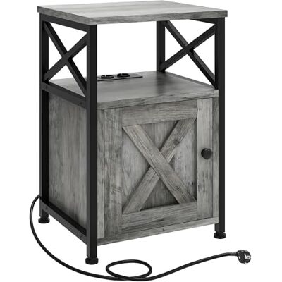 YITAHOME Bijzettafel, nachtkastje met kast, X-vormige woonkamertafel met laadstation, 2 USB-poorten en stopcontacten, nachtkastje, metalen frame, 40 x 35 x 60 cm, grijs YITAHOME Bijzettafel, nachtkastje met kast, X-vormige woonkamertafel met laadstation, 2 USB-poorten en stopcontacten, nachtkastje, metalen frame, 40 x 35 x 60 cm, grijs