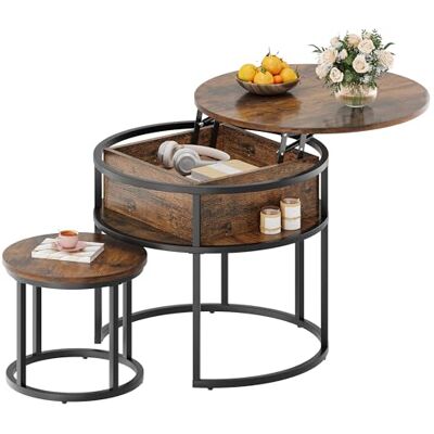 YITAHOME Salontafel rond, set van 2, vintage woonkamertafel met opbergruimte en hefplaat, salontafel in hoogte verstelbaar voor woonkamer, 60 x 60 x 50 cm, 38 x 38 x 30 cm YITAHOME Salontafel rond, set van 2, vintage woonkamertafel met opbergruimte en hefplaat, salontafel in hoogte verstelbaar voor woonkamer, 60 x 60 x 50 cm, 38 x 38 x 30 cm