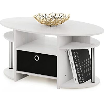 Furinno JAYA Salontafel, ovale moderne salontafel met planken en opbergbak, bijzettafel, voor woonkamer, slaapkamer, thuiskantoor, wit eiken/roestvrij staal Furinno JAYA Salontafel, ovale moderne salontafel met planken en opbergbak, bijzettafel, voor woonkamer, slaapkamer, thuiskantoor, wit eiken/roestvrij staal