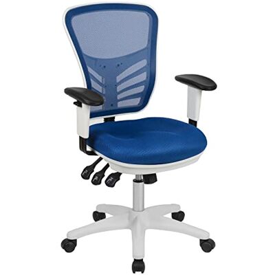 Flash Furniture Mid-Back Blue Mesh Multifunctionele Executive Swivel Ergonomische Bureaustoel met Verstelbare Armen en Wit Frame Flash Furniture Mid-Back Blue Mesh Multifunctionele Executive Swivel Ergonomische Bureaustoel met Verstelbare Armen en Wit Frame