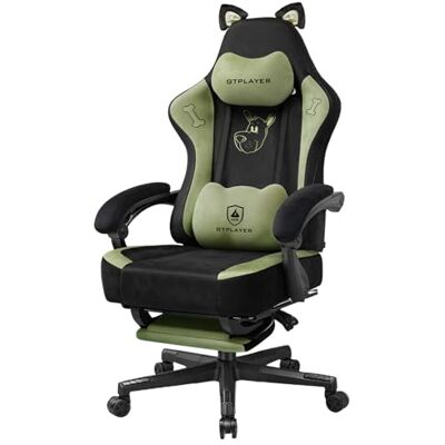 GTPLAYER Leuke gamingstoel met fluwelen stof, ergonomische bureaustoel, gamingstoel met kattenoren, traagschuim en voetensteun, 150 kg, groen GTPLAYER Leuke gamingstoel met fluwelen stof, ergonomische bureaustoel, gamingstoel met kattenoren, traagschuim en voetensteun, 150 kg, groen