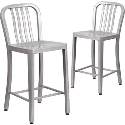 Flash Furniture 2 Stuks 61 cm hoge zilveren metalen krukken op baliehoogte voor binnen en buiten met rugleuning van verticale latten van zakelijke kwaliteit. Flash Furniture 2 Stuks 61 cm hoge zilveren metalen krukken op baliehoogte voor binnen en buiten met rugleuning van verticale latten van zakelijke kwaliteit.