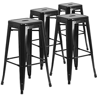 Flash Furniture Lily Barkruk, commerciële kwaliteit, 76 cm hoog, zonder rugleuning, zwart metaal, voor binnen en buiten, vierkante zitting, 4 stuks Flash Furniture Lily Barkruk, commerciële kwaliteit, 76 cm hoog, zonder rugleuning, zwart metaal, voor binnen en buiten, vierkante zitting, 4 stuks