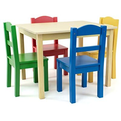 Humble Crew houten vierkante kindertafel en 4 stoelen, Naturel hout/Primair Humble Crew houten vierkante kindertafel en 4 stoelen, Naturel hout/Primair