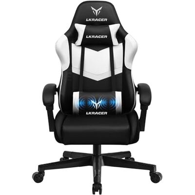 GTPLAYER Gamingstoel, bureaustoel, ergonomische gamingstoel, hoofdsteun, lendenkussen, gevoerd, wit GTPLAYER Gamingstoel, bureaustoel, ergonomische gamingstoel, hoofdsteun, lendenkussen, gevoerd, wit