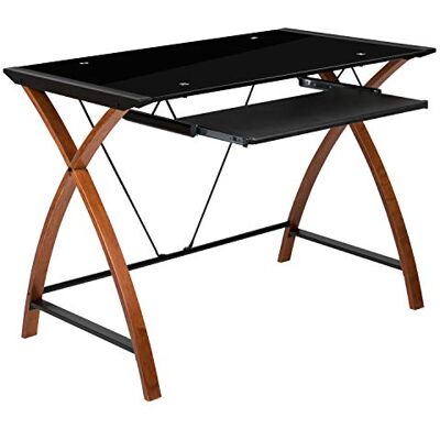 Flash Furniture Jude Zwart glazen computerbureau met uittrekbare toetsenbordlade en kriskras frame Flash Furniture Jude Zwart glazen computerbureau met uittrekbare toetsenbordlade en kriskras frame