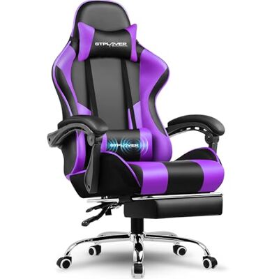 GTPLAYER Gamingstoel, bureaustoel, ergonomische pc-stoel, gamingstoel met massagesteun, task stoelen met voetensteun en hoofdsteun, paars kunstleer GTPLAYER Gamingstoel, bureaustoel, ergonomische pc-stoel, gamingstoel met massagesteun, task stoelen met voetensteun en hoofdsteun, paars kunstleer