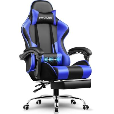 GTPLAYER Gamingstoel, bureaustoel, ergonomische pc-stoel, gamingstoel met massagesteun, task stoelen met voetensteun en hoofdsteun, blauw kunstleer GTPLAYER Gamingstoel, bureaustoel, ergonomische pc-stoel, gamingstoel met massagesteun, task stoelen met voetensteun en hoofdsteun, blauw kunstleer