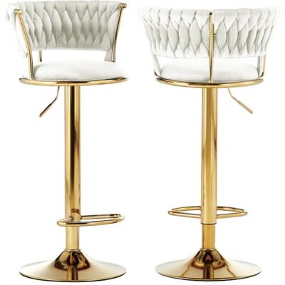 BAKAJI Set van 2 keukenkrukken met fluwelen bekleding en gevlochten rugleuning, verstelbare hoogte, barstoelen, restaurant, draaibaar frame van goud met voetensteun, modern design (beige) BAKAJI Set van 2 keukenkrukken met fluwelen bekleding en gevlochten rugleuning, verstelbare hoogte, barstoelen, restaurant, draaibaar frame van goud met voetensteun, modern design (beige)