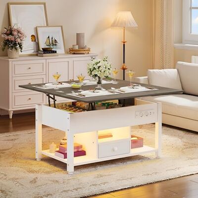 YITAHOME Salontafel met in hoogte verstelbare 4-in-1 multifunctionele salontafel met opbergruimte en led-verlichting kan worden omgezet in een eettafel voor de woonkamer, wit en grijs YITAHOME Salontafel met in hoogte verstelbare 4-in-1 multifunctionele salontafel met opbergruimte en led-verlichting kan worden omgezet in een eettafel voor de woonkamer, wit en grijs