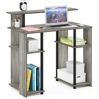 Furinno JAYA Computer/bureau met legplanken, hout, Frans eikengrijs/zwart, 47,75 x 89,66 x 90,17 cm Furinno JAYA Computer/bureau met legplanken, hout, Frans eikengrijs/zwart, 47,75 x 89,66 x 90,17 cm