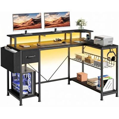 YITAHOME Gamingtafel met stopcontacten en ledlampen, L-vormig computerbureau met monitorstandaard, hoekbureau met laden en planken, computertafel voor thuiskantoor, 137 x 50 x 92 cm, zwart YITAHOME Gamingtafel met stopcontacten en ledlampen, L-vormig computerbureau met monitorstandaard, hoekbureau met laden en planken, computertafel voor thuiskantoor, 137 x 50 x 92 cm, zwart
