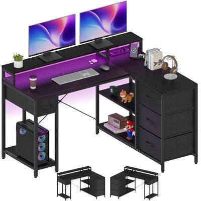 YITAHOME L-vormig bureau met USB-oplaadpoort en stopcontact, omkeerbaar hoekbureau met 4 laden en planken, gamingbureaus met monitorstandaard, 140 x 100 cm, computertafel voor kantoor, zwart YITAHOME L-vormig bureau met USB-oplaadpoort en stopcontact, omkeerbaar hoekbureau met 4 laden en planken, gamingbureaus met monitorstandaard, 140 x 100 cm, computertafel voor kantoor, zwart