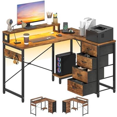 YITAHOME Multifunctioneel hoekbureau met doe-het-zelf opbergrek met 4 niveaus, 2 USB-poorten en elektrische stopcontacten, voor thuis, werkkamer, woonkamer, 130 x 100 x 75 cm, vintage bruin YITAHOME Multifunctioneel hoekbureau met doe-het-zelf opbergrek met 4 niveaus, 2 USB-poorten en elektrische stopcontacten, voor thuis, werkkamer, woonkamer, 130 x 100 x 75 cm, vintage bruin