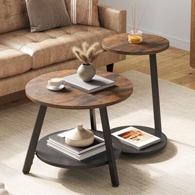 YITAHOME Ronde salontafels, set van 2 nesttafels met opbergruimte en uniform stijlontwerp, kleine salontafels voor woonkamer, bijzettafel voor bank, slaapkamer, rustiek bruin YITAHOME Ronde salontafels, set van 2 nesttafels met opbergruimte en uniform stijlontwerp, kleine salontafels voor woonkamer, bijzettafel voor bank, slaapkamer, rustiek bruin