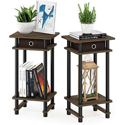 Furinno Turn-N-Tube 2-pack hoge bijzettafel, bijzettafel met bak, Columbia Walnoot/Zwart/Donkerbruin Furinno Turn-N-Tube 2-pack hoge bijzettafel, bijzettafel met bak, Columbia Walnoot/Zwart/Donkerbruin