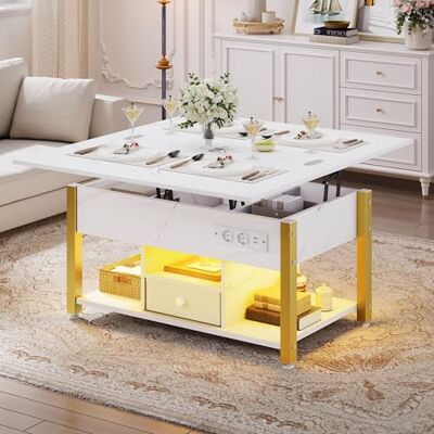 YITAHOME 4-in-1 multifunctionele salontafel met opbergruimte en LED-verlichting, converteerbare salontafel eettafel voor woonkamer, wit marmer YITAHOME 4-in-1 multifunctionele salontafel met opbergruimte en LED-verlichting, converteerbare salontafel eettafel voor woonkamer, wit marmer
