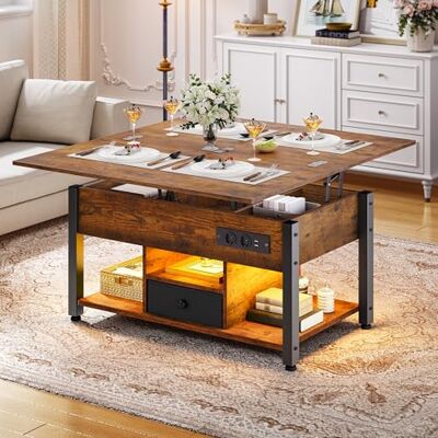 YITAHOME In hoogte verstelbare 4-in-1 multifunctionele salontafel met opbergruimte en LED-verlichting, vintage bruin YITAHOME In hoogte verstelbare 4-in-1 multifunctionele salontafel met opbergruimte en LED-verlichting, vintage bruin