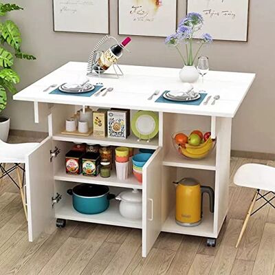 BAKAJI Eettafel met planken, ruimtebesparend, met planken, opbergruimte, met deuren, wielen, multifunctioneel bureau van MDF-hout, modern design BAKAJI Eettafel met planken, ruimtebesparend, met planken, opbergruimte, met deuren, wielen, multifunctioneel bureau van MDF-hout, modern design