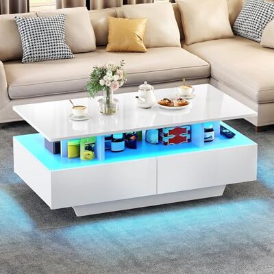 YITAHOME Salontafel met opslag, hoogglanzende 16 kleuren verstelbare LED-salontafels voor woonkamer, witte salontafel met open displayplank en 4 laden, moderne houten rechthoekige theetafel YITAHOME Salontafel met opslag, hoogglanzende 16 kleuren verstelbare LED-salontafels voor woonkamer, witte salontafel met open displayplank en 4 laden, moderne houten rechthoekige theetafel