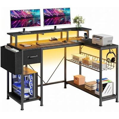 YITAHOME Gamingtafel met stopcontacten en ledlampen, L-vormig computerbureau met monitorstandaard, hoekbureau met laden en planken, computertafel voor thuiskantoor, 120 x 50 x 92 cm, zwart YITAHOME Gamingtafel met stopcontacten en ledlampen, L-vormig computerbureau met monitorstandaard, hoekbureau met laden en planken, computertafel voor thuiskantoor, 120 x 50 x 92 cm, zwart