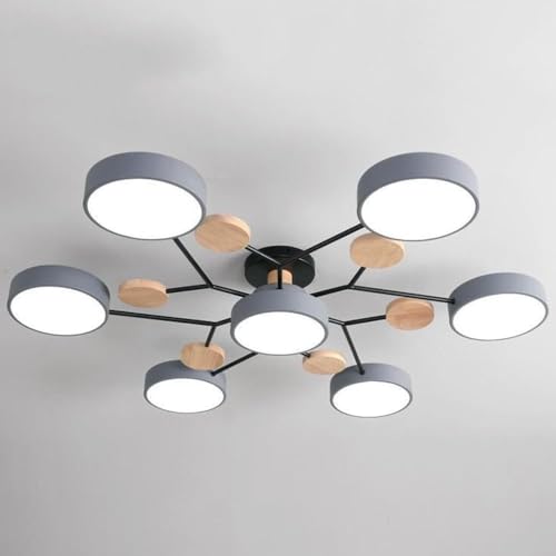 ZKTDJ Moderne houten LED semi-inbouw plafondverlichting, Scandinavisch dicht bij plafondverlichting, woonkamer plafondverlichting for slaapkamer eetkamer kantoor keuken (Color : Gray, Size : 7 Lights)