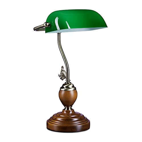 Relaxdays bankierslamp groen, houten voet, bibliotheeklamp, retro, messing look, E27, 26,5 x 43 x 18 cm, groen