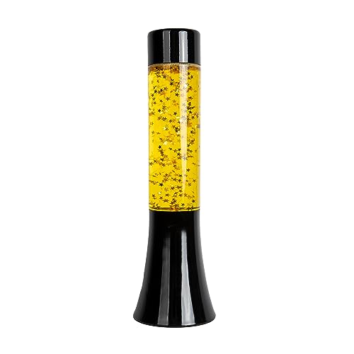 Fisura Gouden lavalamp. Lavalamp van 30 cm met zwarte basis, transparante vloeistof en gouden sterren. Ontspannende effectlamp. 9x9x30 cm