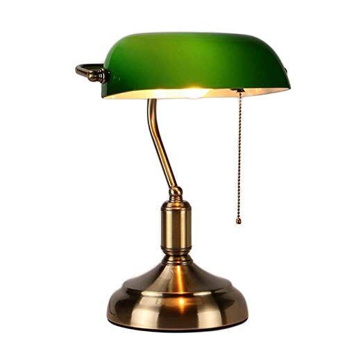 MZStech -bureaulamp/banklamp/kantoorlamp groen glazen kap, trekschakelaar en led-gloeilamp 4w (Groen, messingbasis)