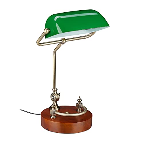 Relaxdays bankierslamp, versierde houten voet, bibliotheeklamp, E27-fitting, notarislamp, retro tafellamp, groen-bruin