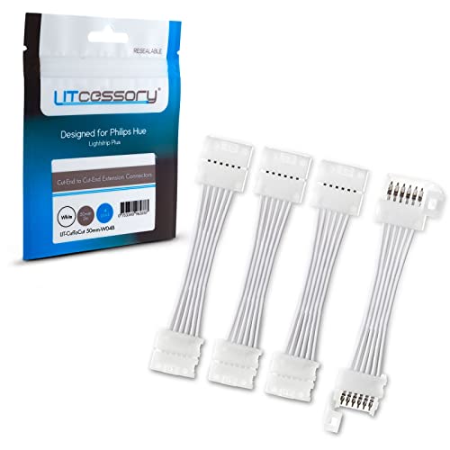 Litcessory Afgesneden naar Afgesneden Uitbreiding Connector voor Philips Hue Lightstrip Plus (50mm, 4 Stuk, Wit STANDARD 6-SPELD V3)