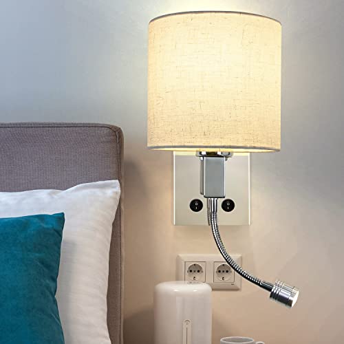 ZMH Led-wandlamp met schakelaar, wandlamp voor binnen, leeslamp, slaapkamer, stoffen kap, draaibaar, bedlamp, leeslamp met flexibele lamp, stof, bedlamp, bedlampje voor bed, woonkamer, hal, hotel