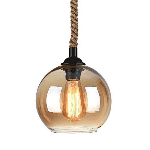 BayDe Eenvoudige hanglampen van henneptouw V-intage retro ketting verstelbare plafondlamp, glazen hanglampen armatuur E27 verlichtingsarmaturen kroonluchters boerderij, glazen lampenkap,