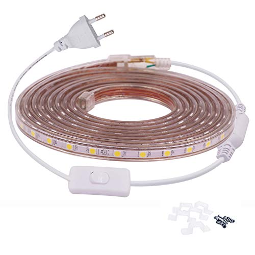 FOLGEMIR 2m LED-stroken met schakelaar licht warm wit, 220V 230V LED-lichtstrook, 60 Leds/m ledstrips, IP65 waterbestendig, milde achtergrondverlichting