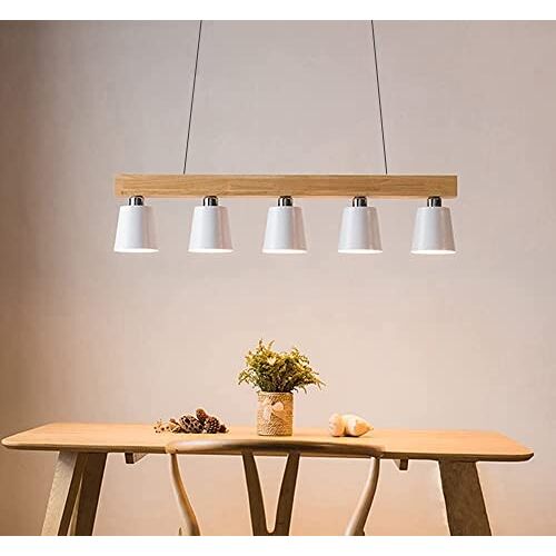 ZMH Hanglamp hout hanglamp eettafel 100 cm rustieke eetkamerlamp metaal design eettafel lamp moderne hanglamp 5-vlam hanglamp E27 lamp incl. max. 25W wit