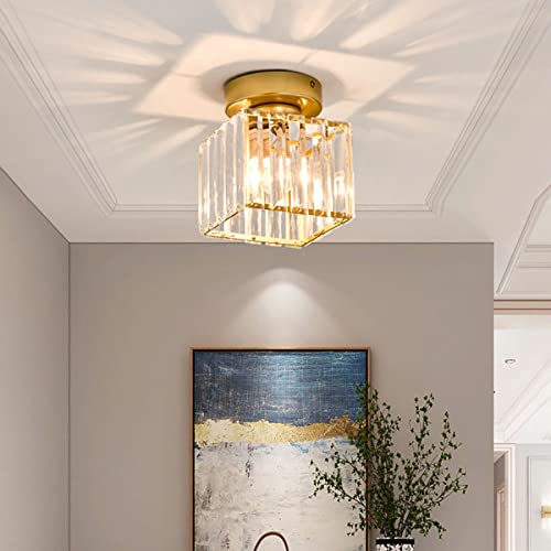 Sxtiger Moderne Kristallen Plafondlamp, Mini Gouden Kristallen Plafondlamp E27 Vierkante Lampenkap Kristallen Kroonluchter, Voor Hal Entree Keuken Slaapkamer Woonkamer Lamp (goud)