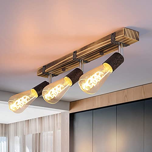 GBLY Vintage plafondlamp, houten plafondspots, retro plafondspot, 55 cm, met verstelbare spots, 3 x E27, max. 25 watt, zwenkbare plafondlamp voor hal, keuken, eetkamer, woonkamer, bar, zonder lampen