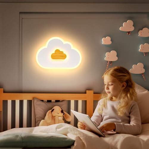 AOEH LED plafondlamp slaapkamer kinderkamer lamp wandlamp plafondlamp voor kinderen wolken plafondlamp hout Traploos dimmen met afstandsbediening Met nachtlichtfunctie Wolkenwandlamp, 30cm