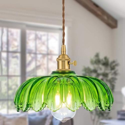 UYTTLHK Hanglampen Vintage gouden hangende verlichtingsarmatuur, groen glas lotus lampenkap verstelbare plafond hangende lamparmaturen, E26 messing afwerking kroonluchter for keukeneiland hal slaapkamer