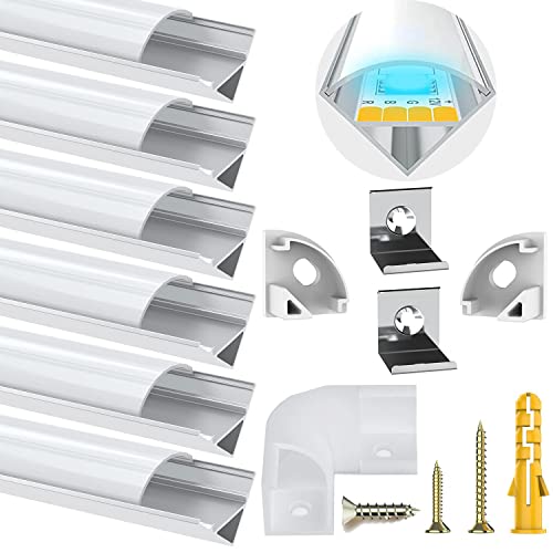 Chesbung 6-pack 1 meter geleid aluminium kanaal, geleid aluminium profiel met afdekking, LED-kanalen en diffusers met eindkappen, montageclips en graden aansluitingen (6 stuks V-vormige vorm)