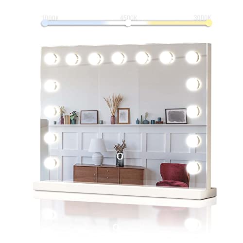 Aquamarin ® Hollywood-spiegel 3 kleurtemperatuur licht, dimbaar, met verlichting, touch, 15 LED-lampen, 58 x 43 cm wandtafelspiegel, cosmeticaspiegel, theaterspiegel, make-up, make-uptafelspiegel