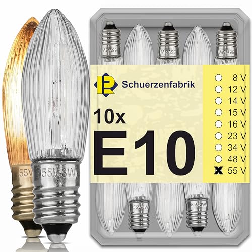 Schuerzenfabrik 10 x puntkaars E10 55 V 3 W reservelamp, geribbelde kaars, topkaars voor lichtketting en kerstpiramide