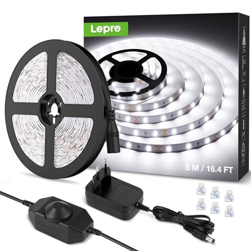 Lepro LE 5M Koud wit LED-strookset Dimbaar, 12V LED-stroken, zelfklevende LED-stroken, flexibele LED-strook, LED-strook, LED-lichtstrook IP20, inclusief voeding en controller