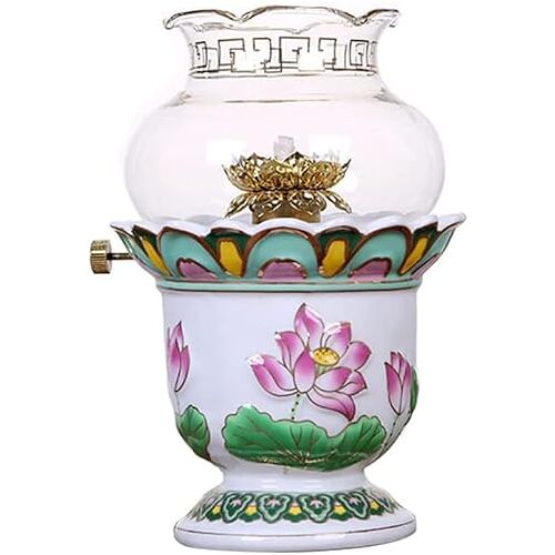 BESSX Olielampen, glazen lampenkap Ghee Lamp Lotus for Boeddha Kleine olielamp Craft Home Hurricane Lamp Milieuvriendelijke Retro Kerosinelamp for slaapkamer, studeer restaurant