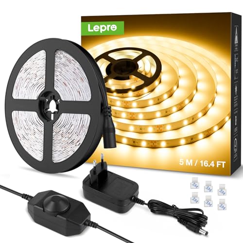 Lepro LE 5M Warm wit LED-strookset Dimbaar, 12V LED-stroken, zelfklevende LED-stroken, flexibele LED-strook, LED-strook, LED-lichtstrook IP20, inclusief voeding en controller