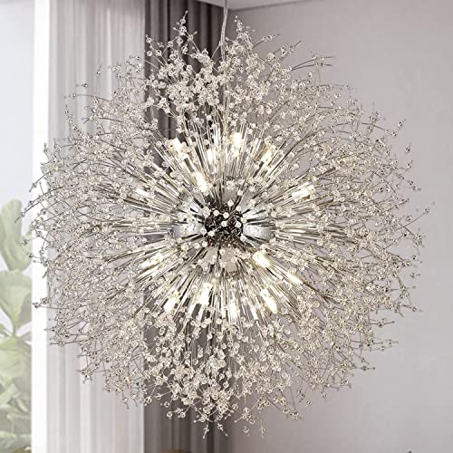 CAI-HAI Moderne kristallen kroonluchter, dandelion faux satelliet kroonluchter, plafond hanglamp, zilveren kroonluchter D40" 24 licht