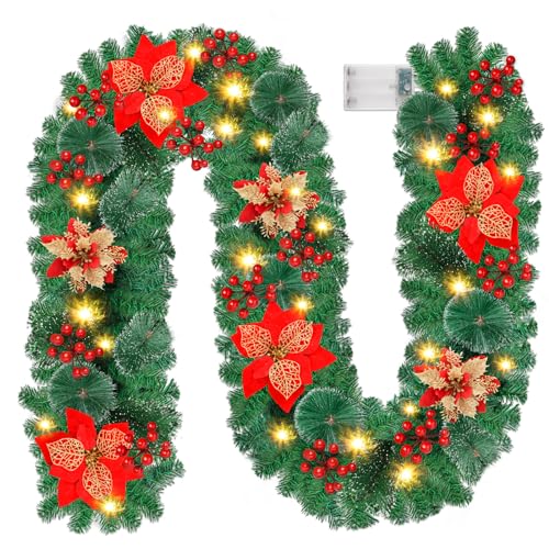 Tiazhan 9FT Kerstslinger, 2,7M Kunstmatige Kransslingers Decoraties, Kerstmis Voor Open Haarden Trappen, Kerstslingers Met Verlichting, Rode Bloem En Rode Bal, Vakantie, Bruiloft Feestdecoratie