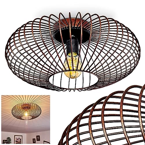 hofstein Plafondlamp Wemude, ronde metalen plafondlamp in zwart/koper, 1 x E27-fitting, moderne retro/vintage designlamp met raster en lichteffect aan het plafond,zonder gloeilampen