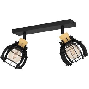 Eglo Plafondspot Stillington 1, 2-lichts plafondlamp met verstelbare spots, FSC100HB, spotbalk in industrieel design van zwart metaal en natuurlijk hout, spotrail met E27 fitting Eglo Plafondspot Stillington 1, 2-lichts plafondlamp met verstelbare spots, FSC100HB, spotbalk in industrieel design van zwart metaal en natuurlijk hout, spotrail met E27 fitting